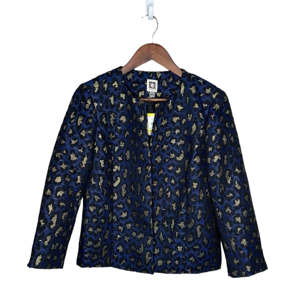 Anne Klein Open Front Leopard Print Blue Metallic Gold Blazer
